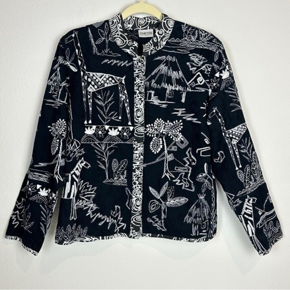 Chico's Black & White Tropical Embroidered Snap Front Cotton Jacket M